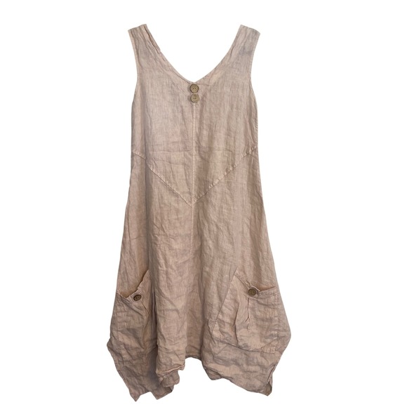 Made in Italy Dresses & Skirts - Made in Italy Linen Lagenlook Midi Dress Beige V-Neck Handkerchief Hem S/M